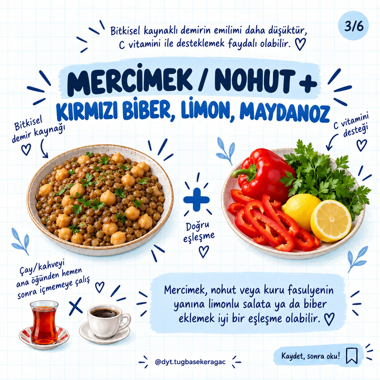 Mercimek veya nohut yemeğiyle kırmızı biber, maydanoz ve limonun eşleşmesini gösteren görsel