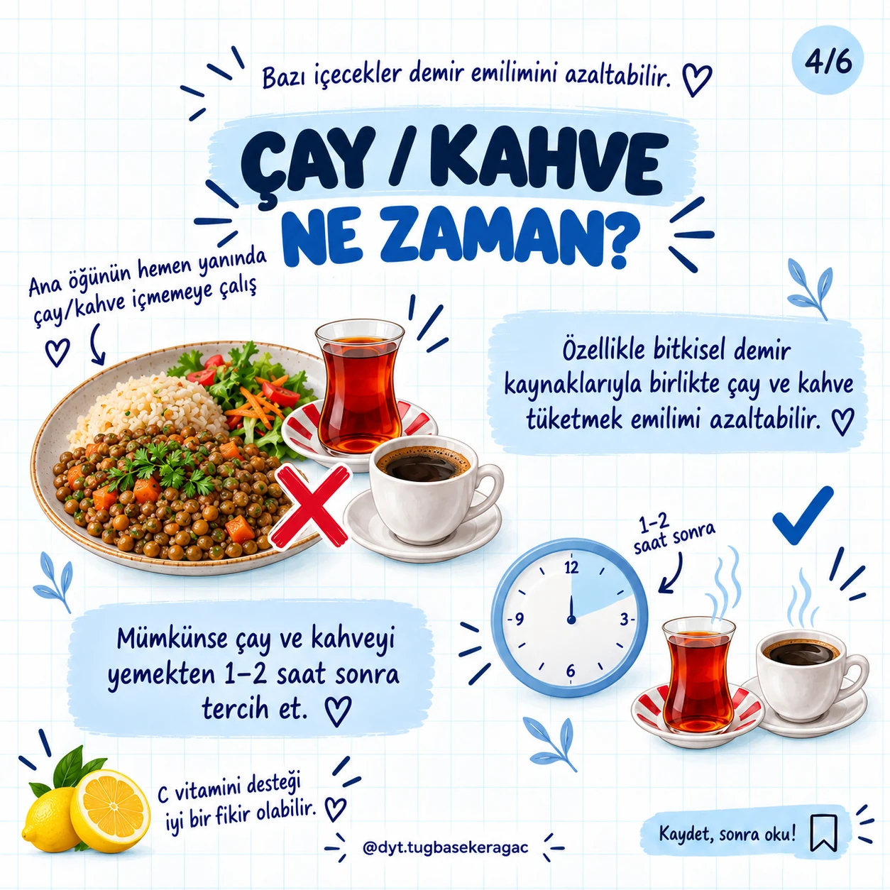 Baklagil yemeğinin yanındaki çay ve kahveye çarpı, daha sonraki içeceğe onay işareti koyan zamanlama görseli