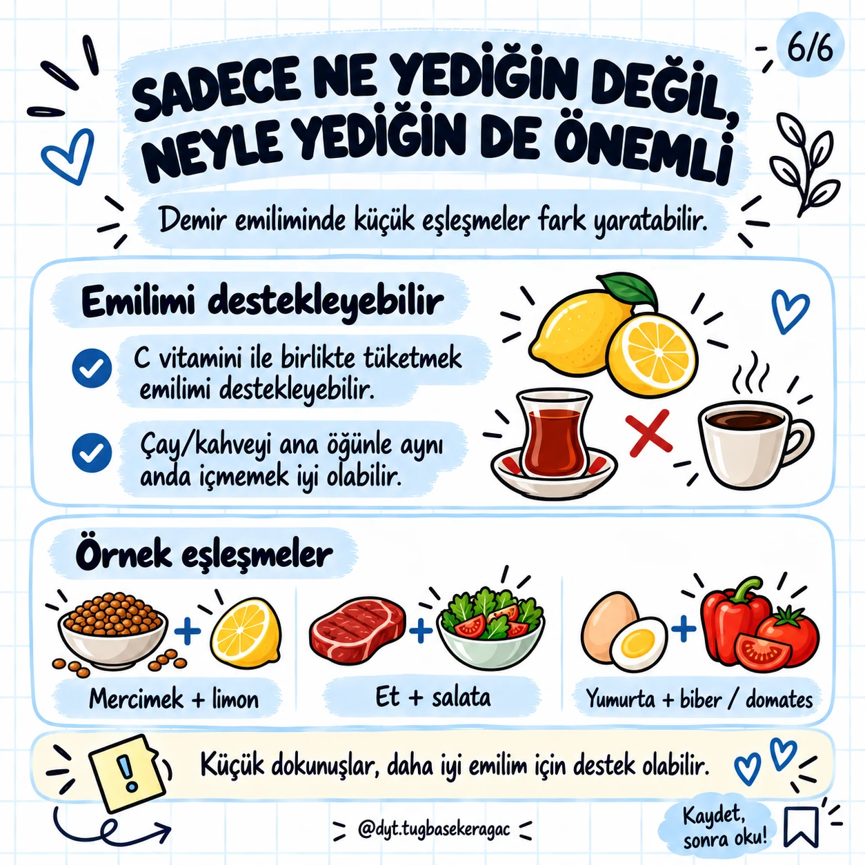 Mercimek ve limon, et ve salata, yumurta ve biber domates eşleşmeleri ile çay kahve zamanlamasını gösteren görsel