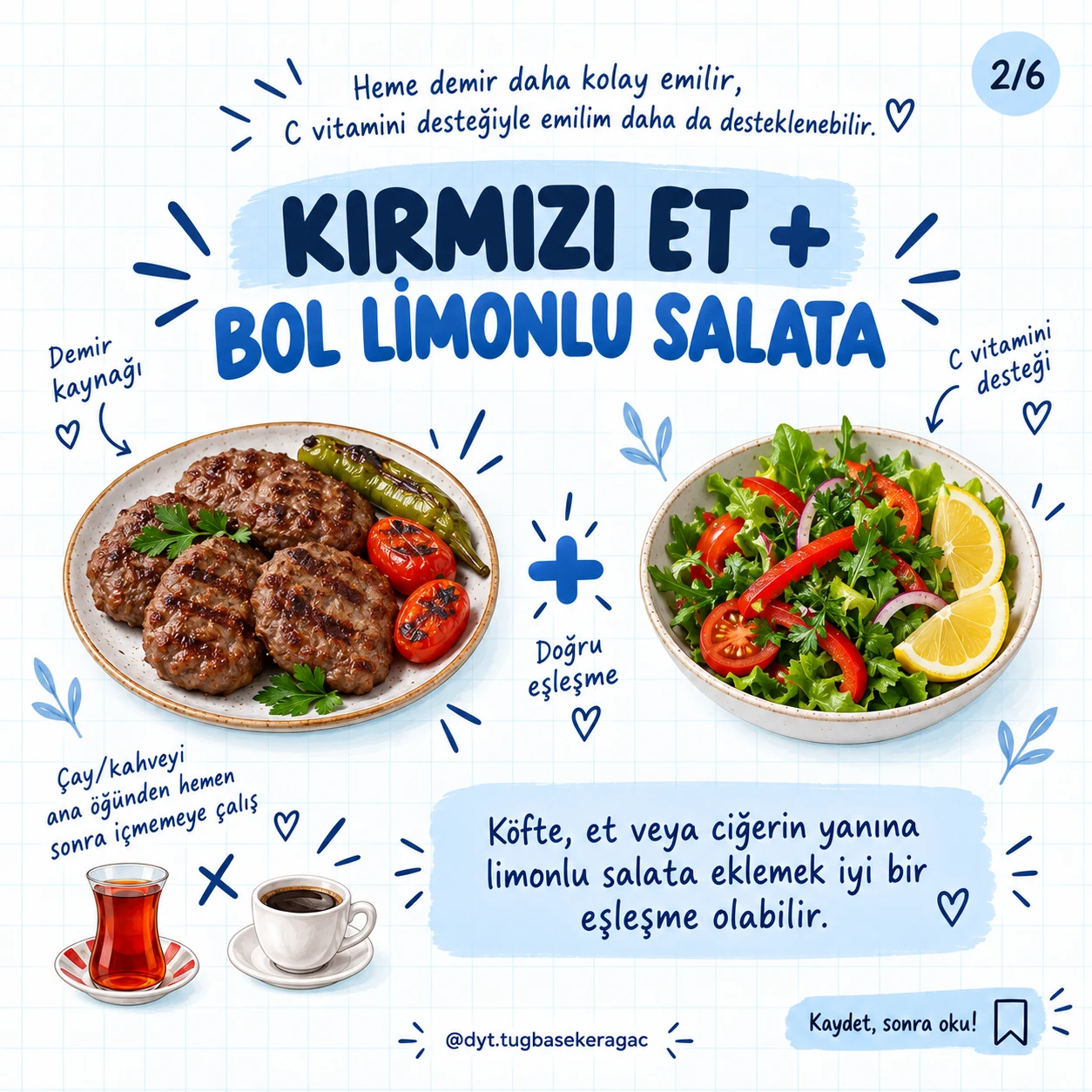 Köfte ve kırmızı biber, domates, yeşillik ve limon içeren salatanın birlikte sunulduğu öğün çizimi