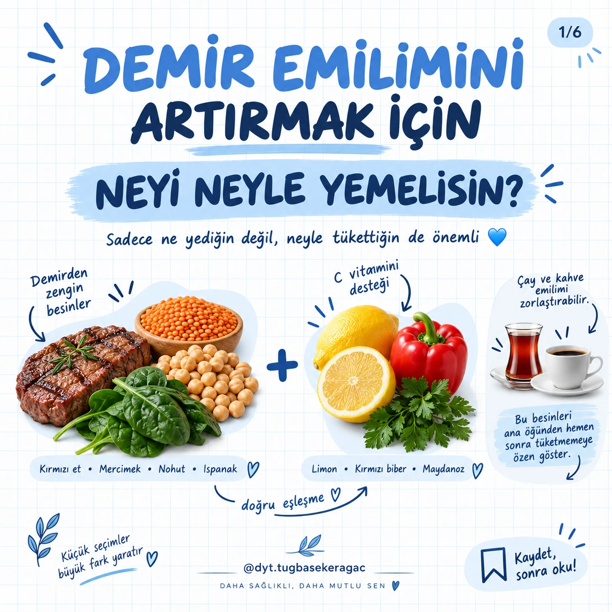 Demirden zengin besinler, C vitamini kaynakları ve çay kahve zamanlamasını gösteren demir emilimi infografiği