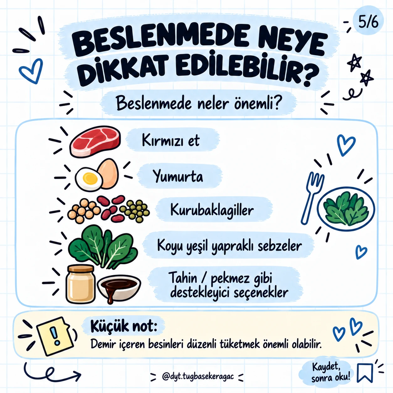 Kırmızı et, yumurta, kurubaklagil, yeşil yapraklı sebzeler, tahin ve pekmez örneklerini gösteren görsel
