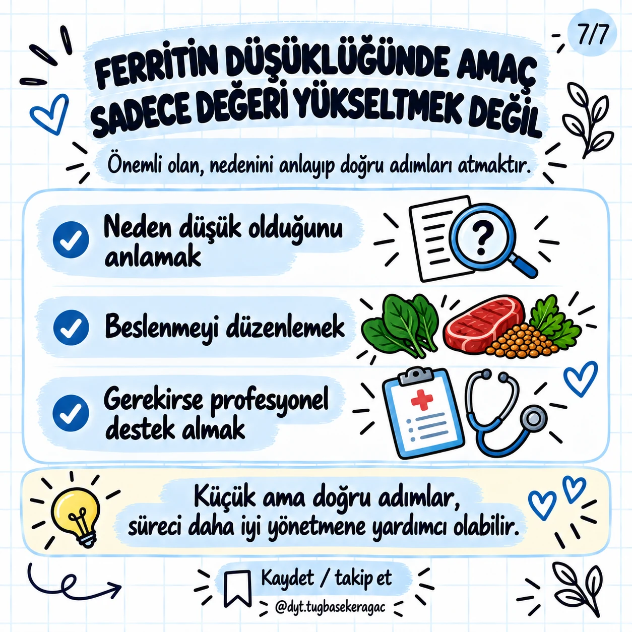 Ferritin düşüklüğünde nedeni anlamak, beslenmeyi düzenlemek ve gerekirse profesyonel destek almak adımlarını gösteren görsel
