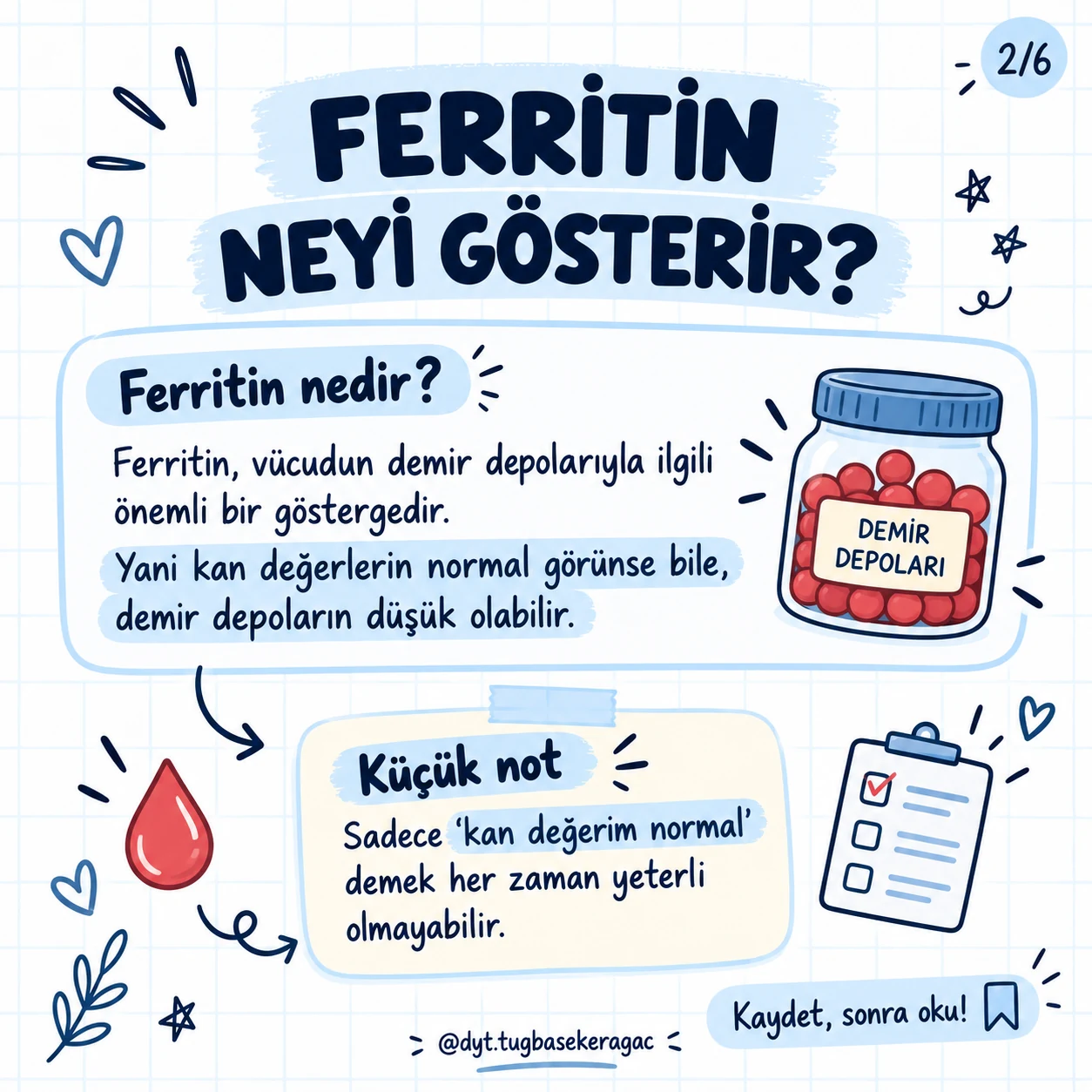 Ferritinin vücudun demir depolarıyla ilişkisini ve normal kan değerleriyle birlikte düşük olabileceğini anlatan görsel