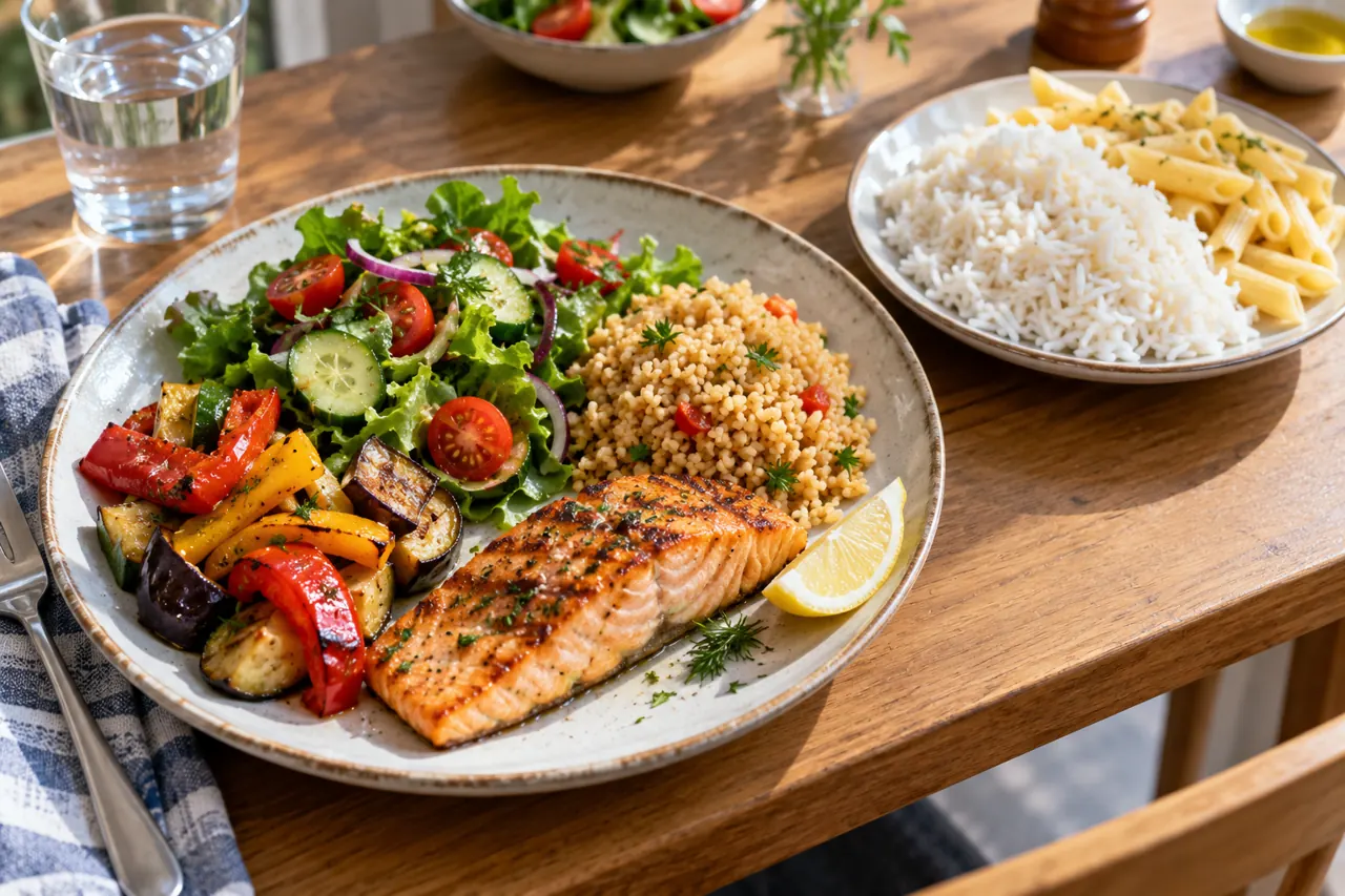 Bulgur, ızgara somon, sebze ve salatadan oluşan dengeli bir öğün; trigliserid yüksekliğinde porsiyon ve besin değişimini anlatan gerçekçi fotoğraf